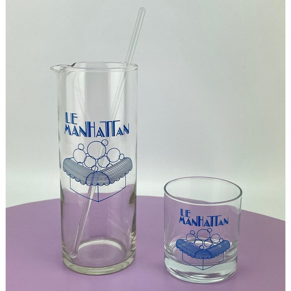 Vintage Manhattan mixer set, drink mixer, glass mixer and tumbler, 1980s barware